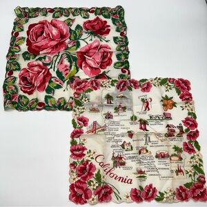 Vintage 50s/60s Roses Floral/California Map Cotton Handkerchiefs w/Scallop Edges